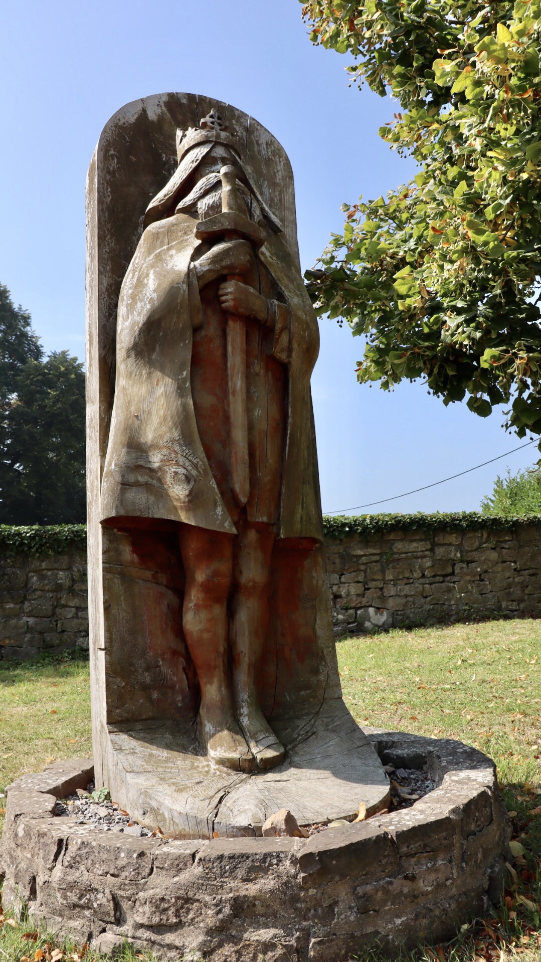 Wooden sculpture of Tewdrig, the king who ousted King Maxentius, St Tewdric’s Church, Mathern, Wales